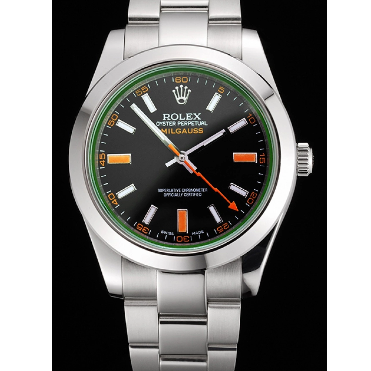 Rolex copies cheap Dial Markings Orange Milgauss Rolex Swiss Bracelet And Black Case Stainless Steel 0821